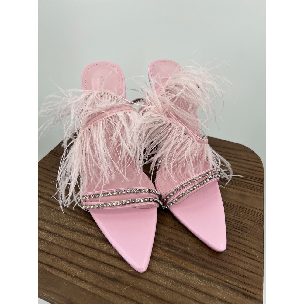 Azalea Pink Feather Rhinestone Pointed Toe Stiletto Heels Sandals Womens 8.5
